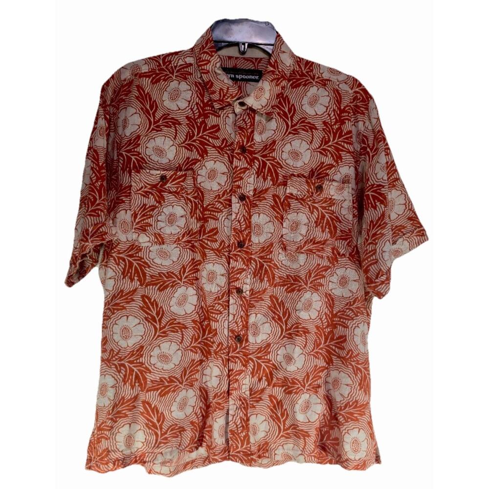 Reyn Spooner Shirt Mens XL Floral Orange Linen Button Up Hawaiian Short Sleeve